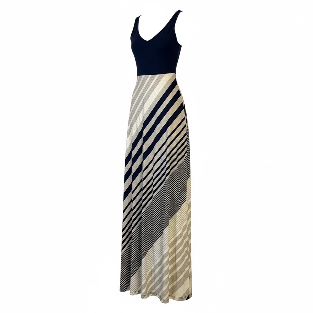 STRIPED Navy MAXI DRESS Open Back STRETCHY SIZE Small - Picture 2 of 7